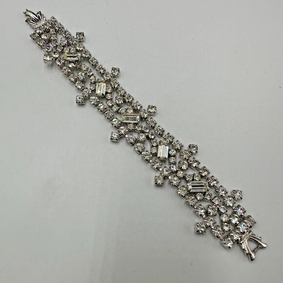 Vintage Rhinestone Bracelet Silver Tone Sparkling Crystal Statement Wide 7 Inch - Picture 2 of 11